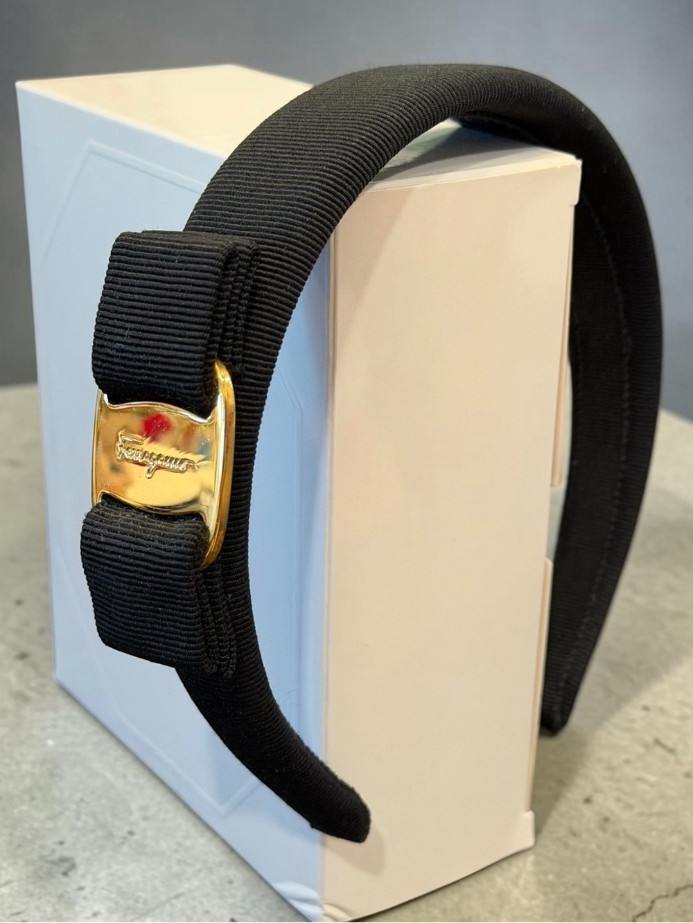 Salvatore Ferragamo Black Grosgrain Headband with Gold Vara Accent